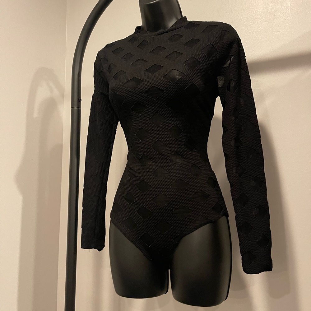 Size S/M FashionNova See-Through Black Lace Bodysuit Long Sleeve
